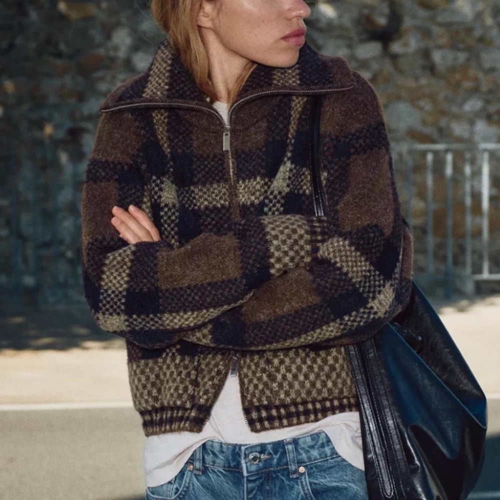 Zara Brown and Black Plaid ZipUp Sweater